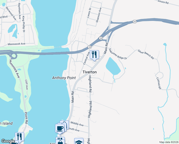 map of restaurants, bars, coffee shops, grocery stores, and more near in Tiverton