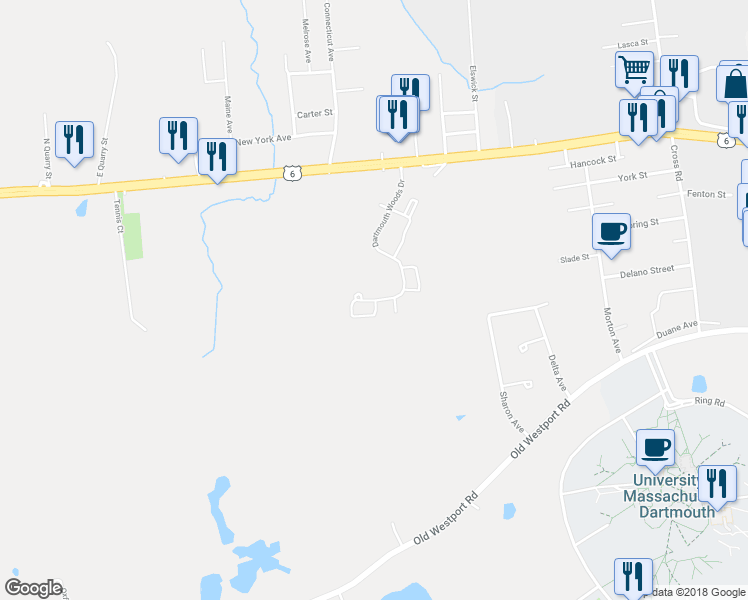 map of restaurants, bars, coffee shops, grocery stores, and more near 1123 Dartmouth Woods Drive in Dartmouth