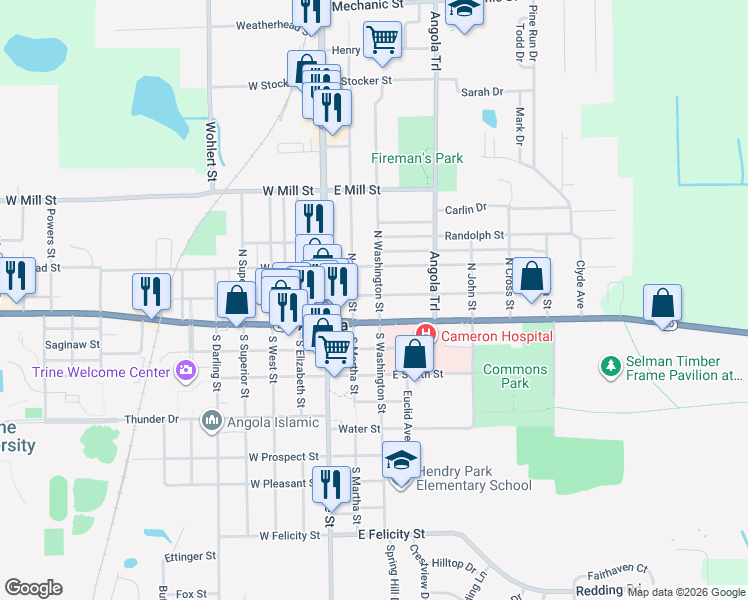 map of restaurants, bars, coffee shops, grocery stores, and more near 214 East Gilmore Street in Angola