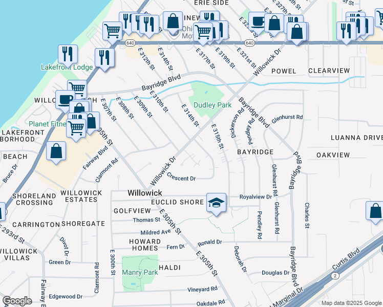 map of restaurants, bars, coffee shops, grocery stores, and more near 520 Terrace Plaza in Willowick