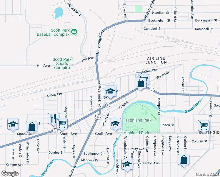 map of restaurants, bars, coffee shops, grocery stores, and more near 150 South Detroit Avenue in Toledo