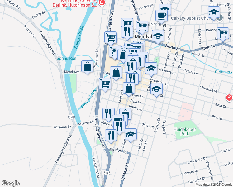 map of restaurants, bars, coffee shops, grocery stores, and more near 216 Pine Street in Meadville