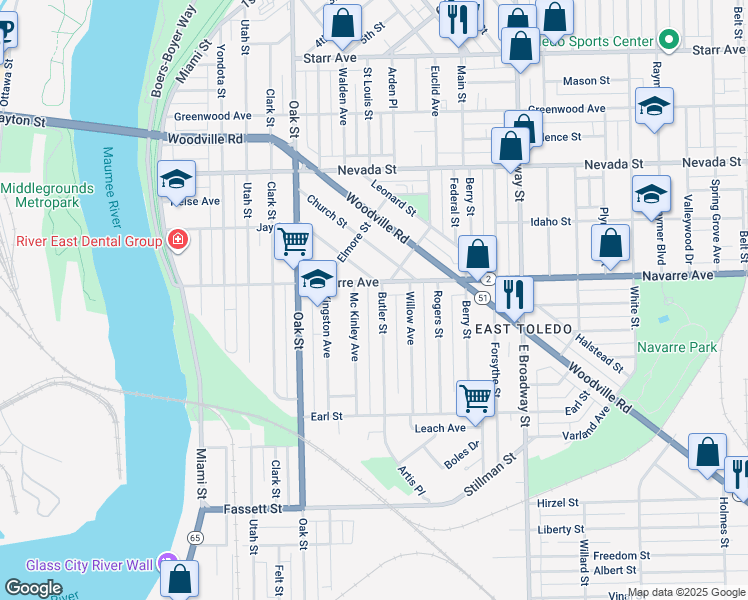 map of restaurants, bars, coffee shops, grocery stores, and more near 821 Butler Street in Toledo