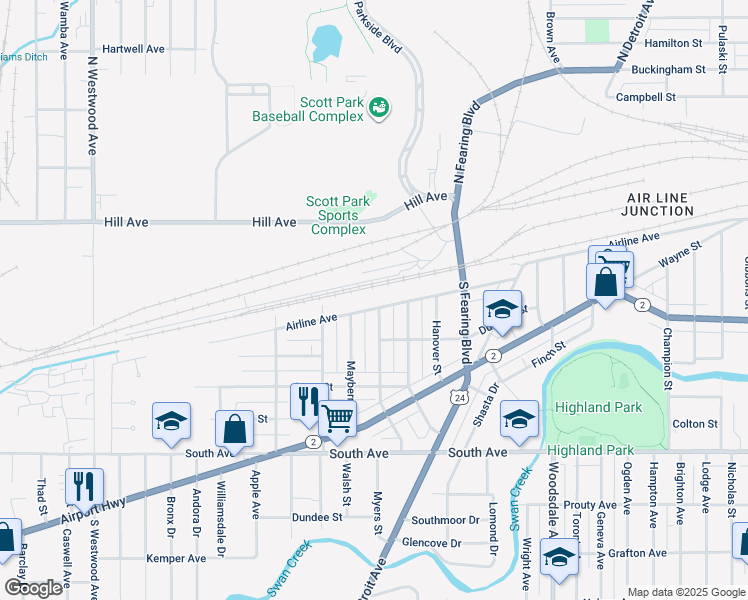 map of restaurants, bars, coffee shops, grocery stores, and more near 2116 Airline Avenue in Toledo