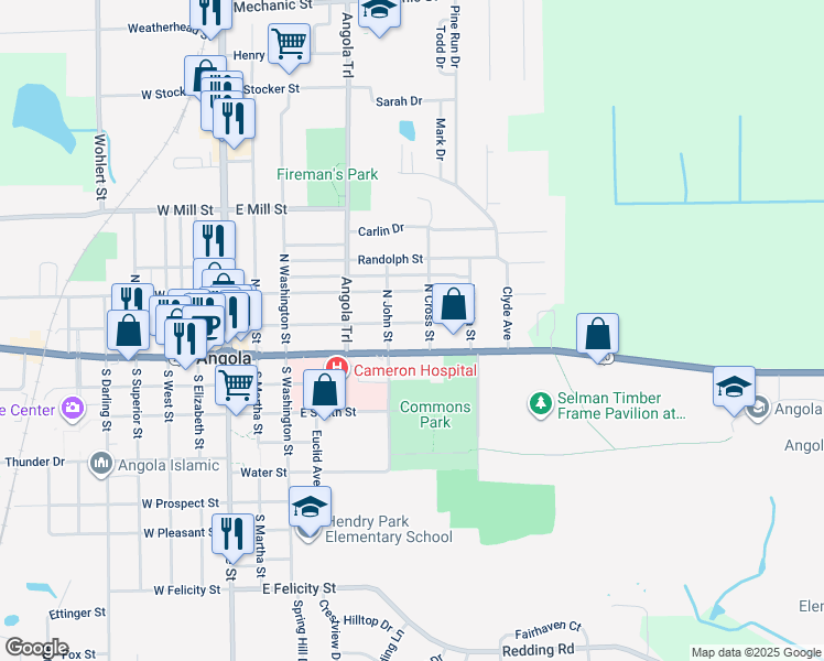map of restaurants, bars, coffee shops, grocery stores, and more near 105 North Cross Street in Angola