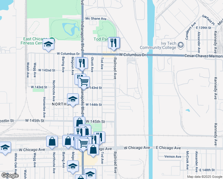 map of restaurants, bars, coffee shops, grocery stores, and more near 517 West 143rd Street in East Chicago