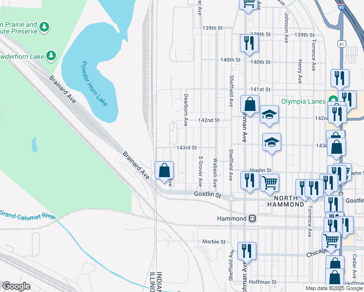 map of restaurants, bars, coffee shops, grocery stores, and more near 65-111 143rd Street in Hammond