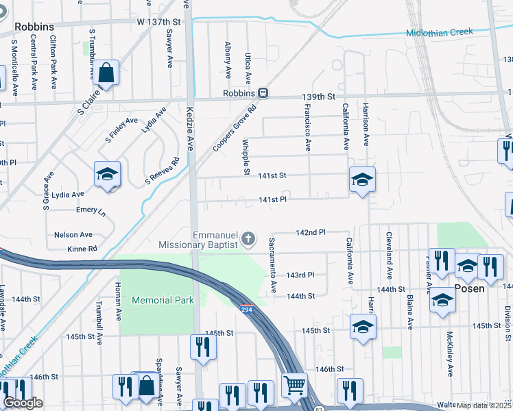 map of restaurants, bars, coffee shops, grocery stores, and more near 3013 141st Place in Blue Island