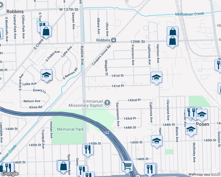 map of restaurants, bars, coffee shops, grocery stores, and more near 3013 141st Place in Blue Island