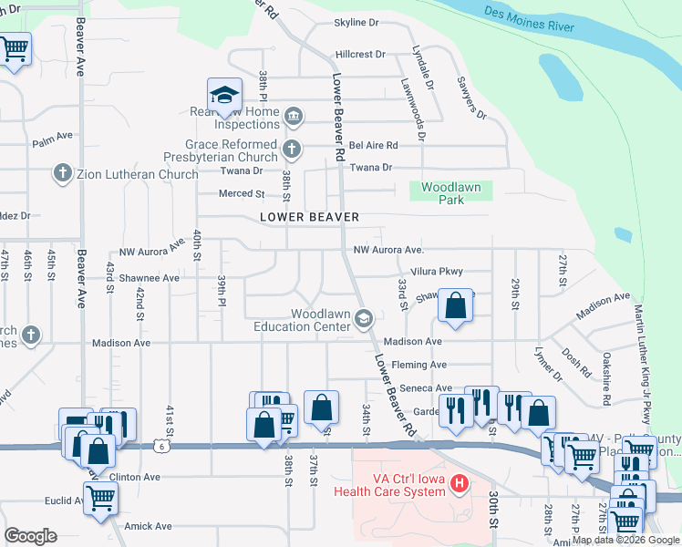 map of restaurants, bars, coffee shops, grocery stores, and more near 4118 Lower Beaver Road in Des Moines