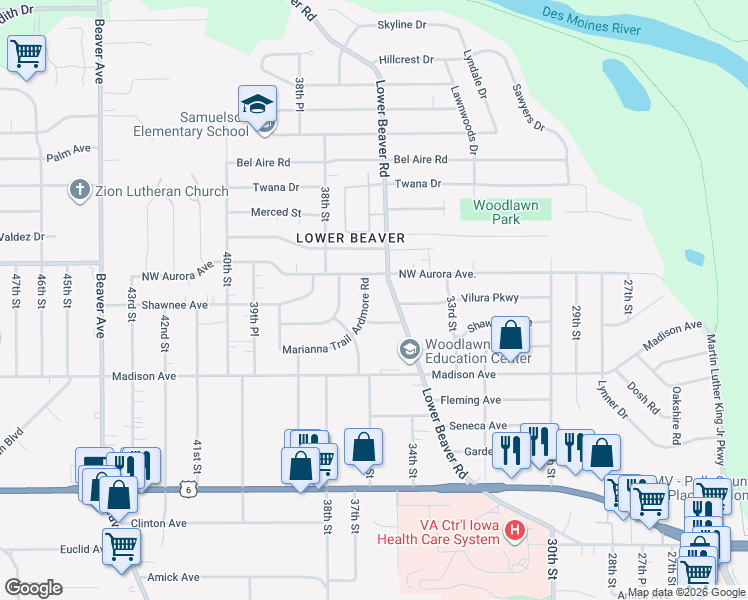 map of restaurants, bars, coffee shops, grocery stores, and more near 4118 Lower Beaver Road in Des Moines