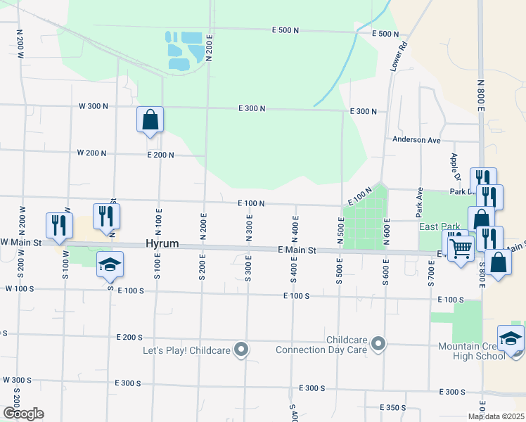 map of restaurants, bars, coffee shops, grocery stores, and more near 328 East 100 North in Hyrum