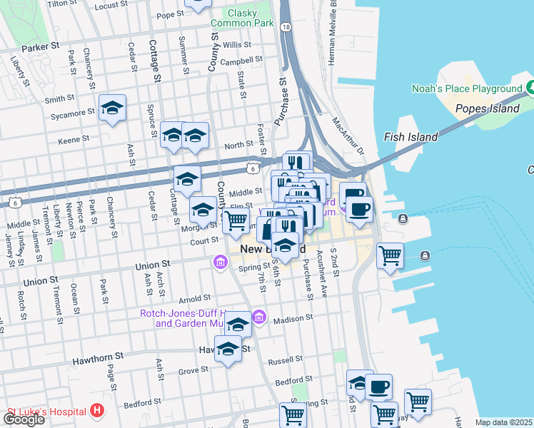 map of restaurants, bars, coffee shops, grocery stores, and more near 42 Mechanics Lane in New Bedford