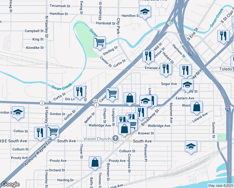 map of restaurants, bars, coffee shops, grocery stores, and more near 237 Langdon Street in Toledo