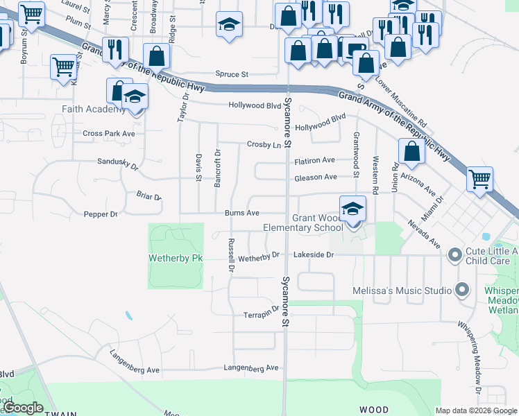 map of restaurants, bars, coffee shops, grocery stores, and more near 1628 Burns Avenue in Iowa City