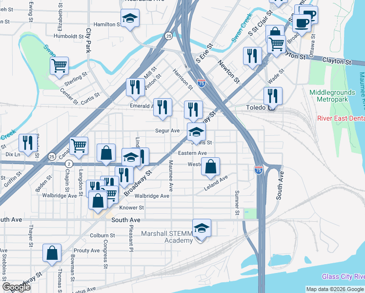 map of restaurants, bars, coffee shops, grocery stores, and more near 401 Jervis Street in Toledo