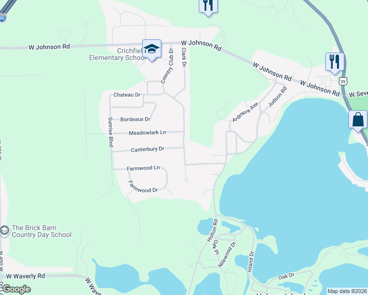 map of restaurants, bars, coffee shops, grocery stores, and more near 200 Canterbury Drive in La Porte
