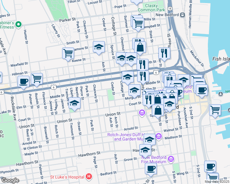 map of restaurants, bars, coffee shops, grocery stores, and more near 44 Cedar Street in New Bedford