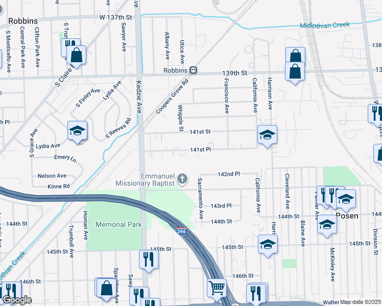 map of restaurants, bars, coffee shops, grocery stores, and more near 3013 141st Place in Blue Island