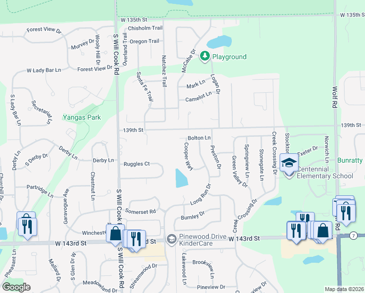 map of restaurants, bars, coffee shops, grocery stores, and more near 13938 Cooper Way in Orland Park