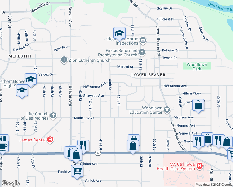 map of restaurants, bars, coffee shops, grocery stores, and more near 4100 39th Place in Des Moines