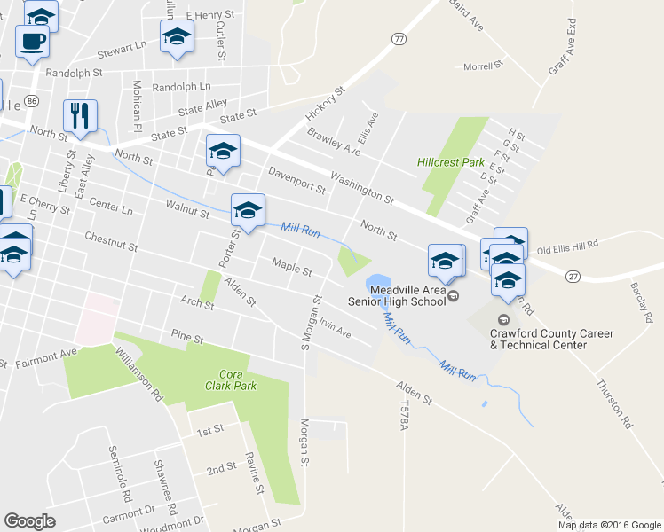 map of restaurants, bars, coffee shops, grocery stores, and more near 715 Walnut Street in Meadville