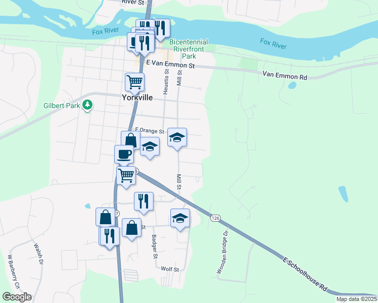 map of restaurants, bars, coffee shops, grocery stores, and more near 306 Olsen Street in Yorkville
