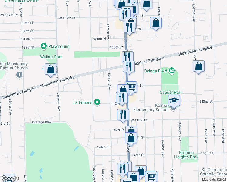 map of restaurants, bars, coffee shops, grocery stores, and more near 4849 141st Street in Crestwood