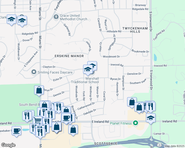 map of restaurants, bars, coffee shops, grocery stores, and more near 1433 Byron Drive in South Bend