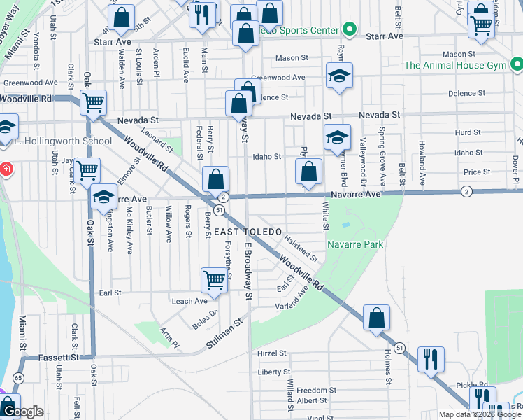 map of restaurants, bars, coffee shops, grocery stores, and more near 825 East Broadway Street in Toledo