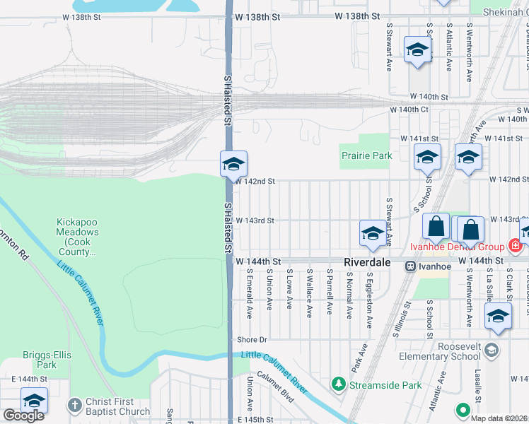 map of restaurants, bars, coffee shops, grocery stores, and more near 14230 South Union Avenue in Riverdale