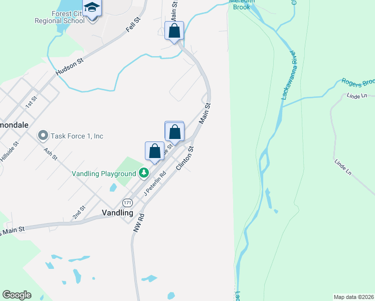 map of restaurants, bars, coffee shops, grocery stores, and more near 622 Main Street in Vandling