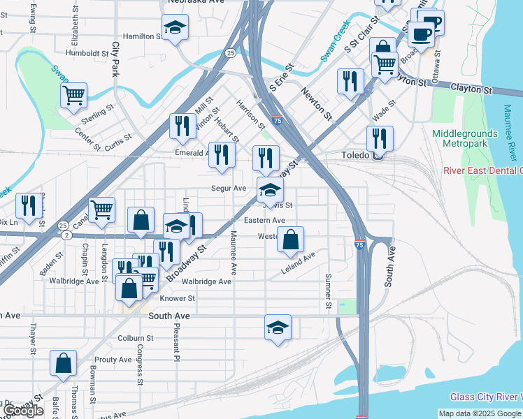map of restaurants, bars, coffee shops, grocery stores, and more near 401 Jervis Street in Toledo
