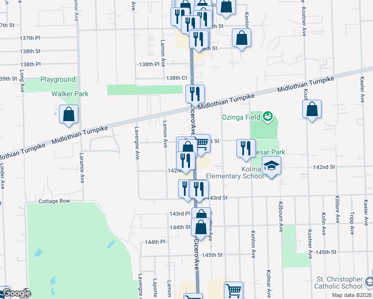 map of restaurants, bars, coffee shops, grocery stores, and more near 14106 Cicero Avenue in Crestwood
