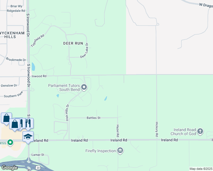 map of restaurants, bars, coffee shops, grocery stores, and more near 17400 Inwood Road in South Bend