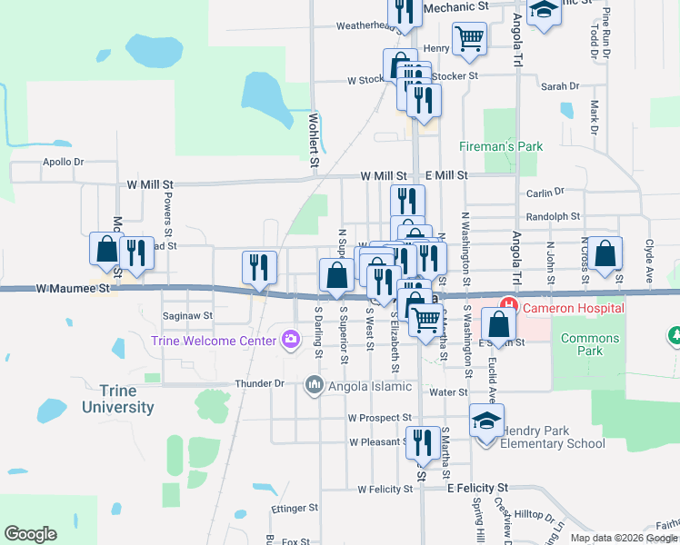 map of restaurants, bars, coffee shops, grocery stores, and more near 203 North Superior Street in Angola