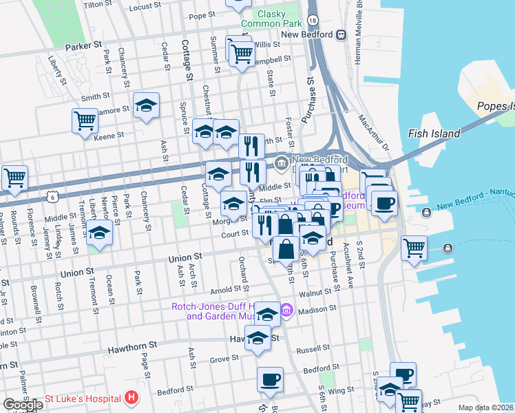 map of restaurants, bars, coffee shops, grocery stores, and more near 464 County Street in New Bedford