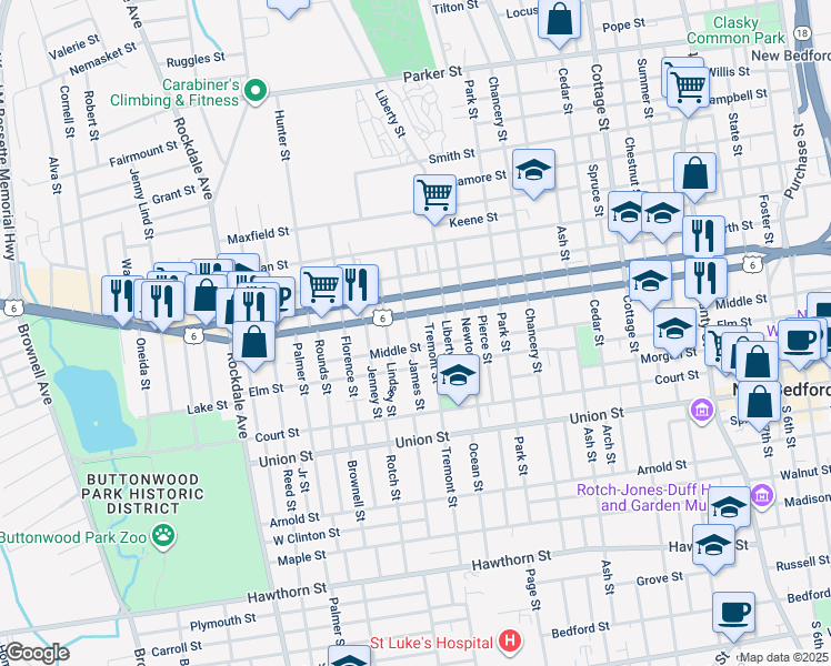 map of restaurants, bars, coffee shops, grocery stores, and more near 205 James Street in New Bedford