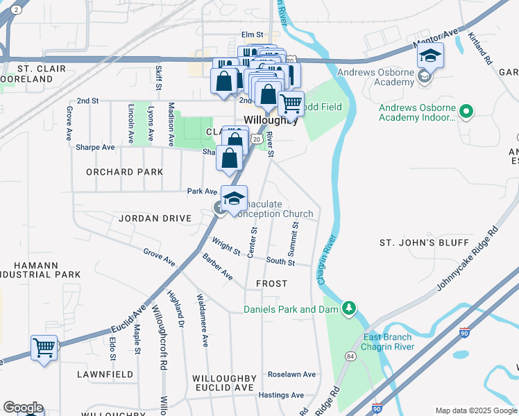 map of restaurants, bars, coffee shops, grocery stores, and more near 38162 Wilson Avenue in Willoughby