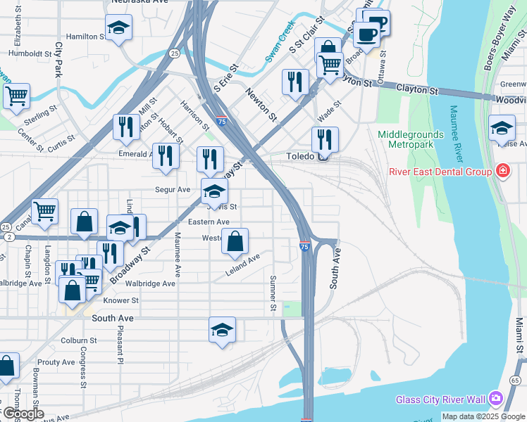 map of restaurants, bars, coffee shops, grocery stores, and more near 228 Eastern Avenue in Toledo