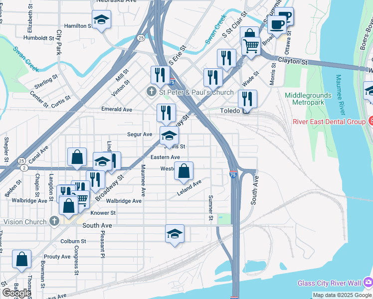 map of restaurants, bars, coffee shops, grocery stores, and more near 316 Eastern Avenue in Toledo