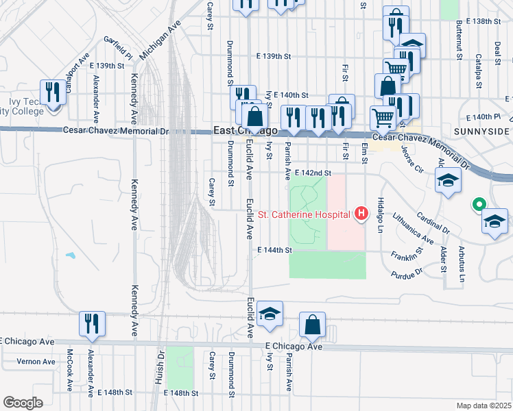map of restaurants, bars, coffee shops, grocery stores, and more near 4247 East 143rd Street in East Chicago