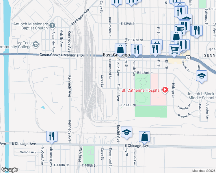map of restaurants, bars, coffee shops, grocery stores, and more near 4234 Drummond Street in East Chicago