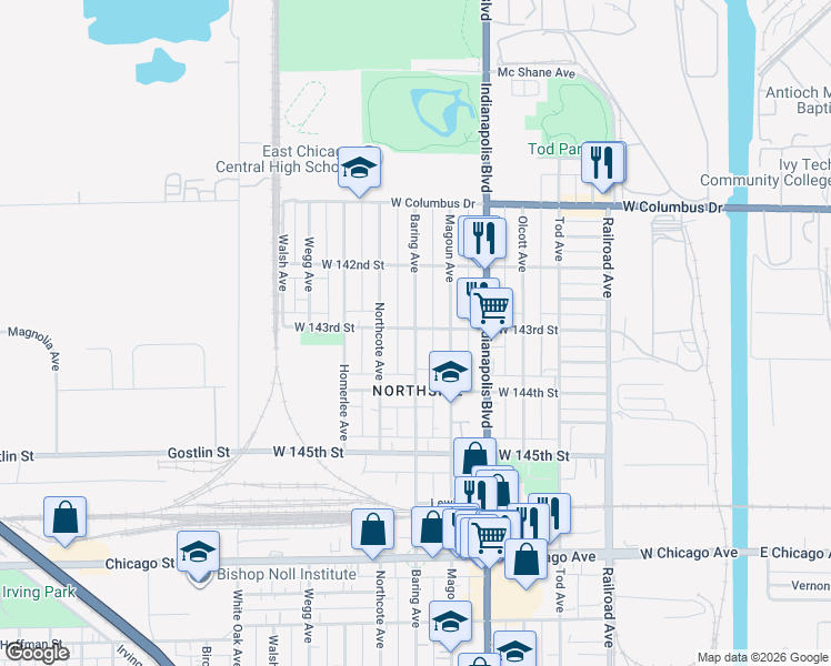 map of restaurants, bars, coffee shops, grocery stores, and more near 4307 Baring Avenue in East Chicago