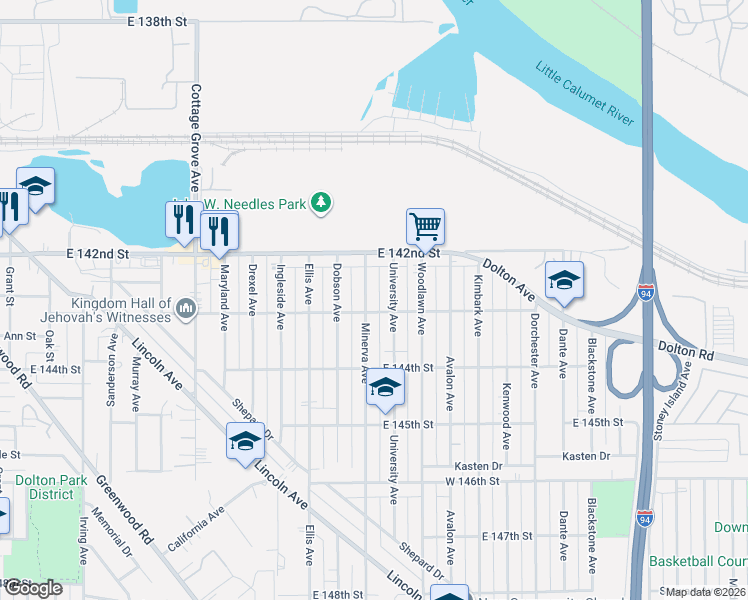 map of restaurants, bars, coffee shops, grocery stores, and more near 14248 University Avenue in Dolton