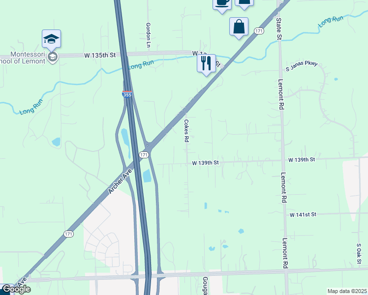 map of restaurants, bars, coffee shops, grocery stores, and more near 13828 Cokes Road in Homer Glen