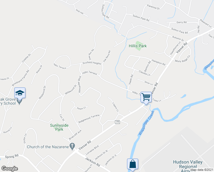map of restaurants, bars, coffee shops, grocery stores, and more near 40 Hillis Terrace in Poughkeepsie