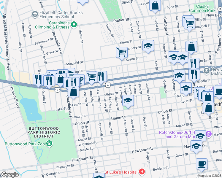 map of restaurants, bars, coffee shops, grocery stores, and more near 205 James Street in New Bedford