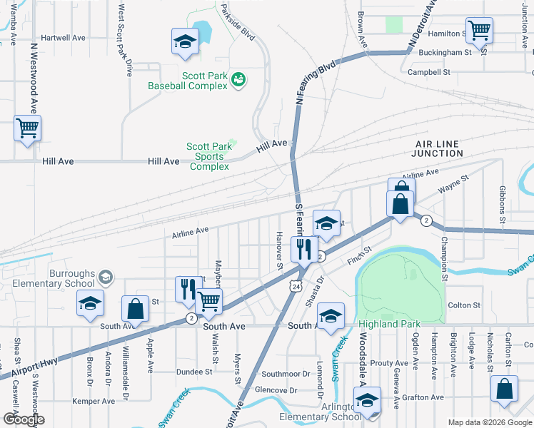 map of restaurants, bars, coffee shops, grocery stores, and more near 214 Hanover Street in Toledo