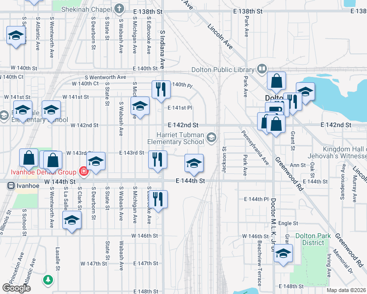 map of restaurants, bars, coffee shops, grocery stores, and more near 242 East 143rd Street in Dolton
